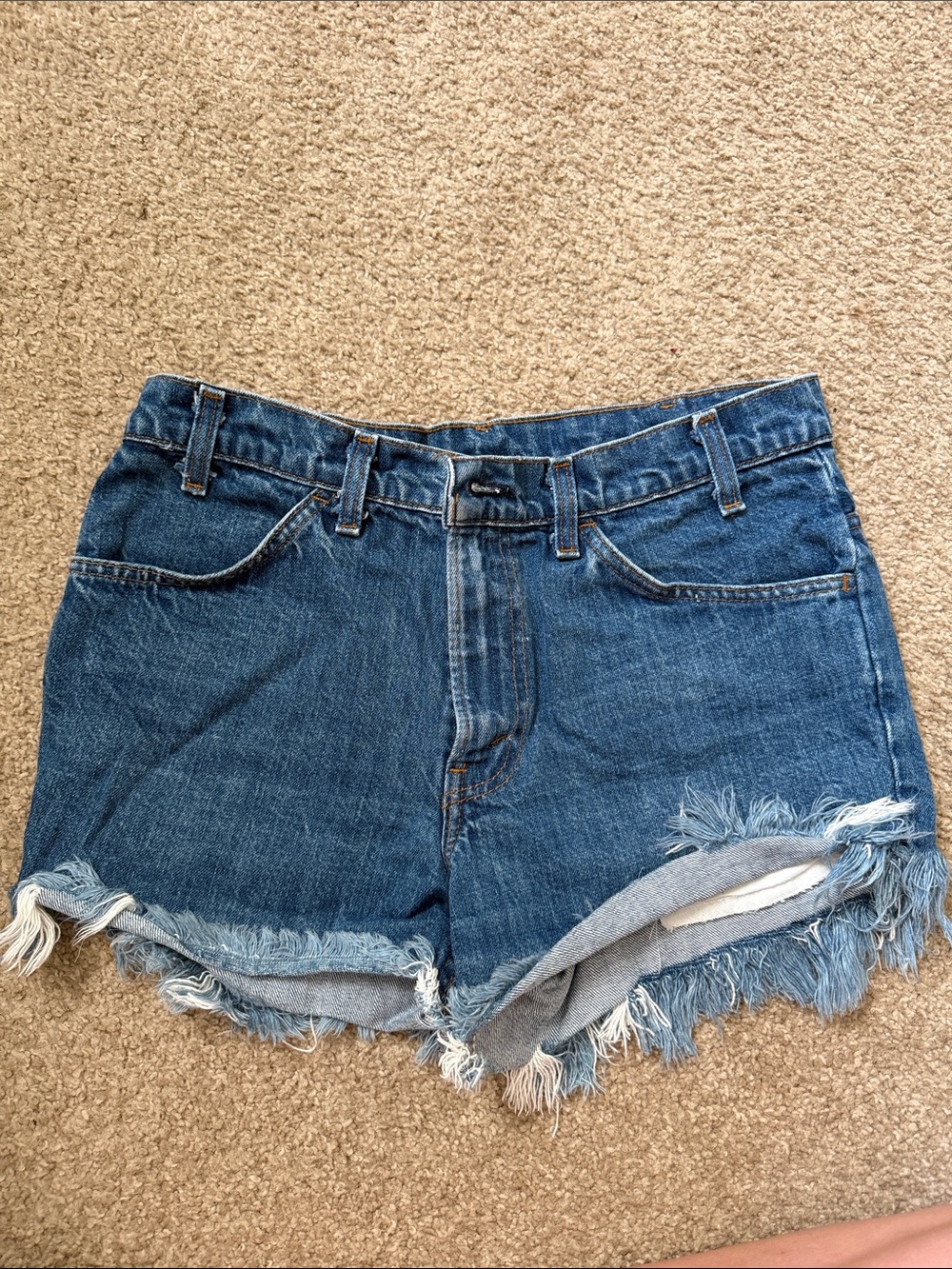 Levi's Dark Blue High-Rise Frayed Hem Denim Shorts